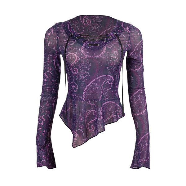 Long flared sleeve print lace up irregular sheer mesh ruffle top