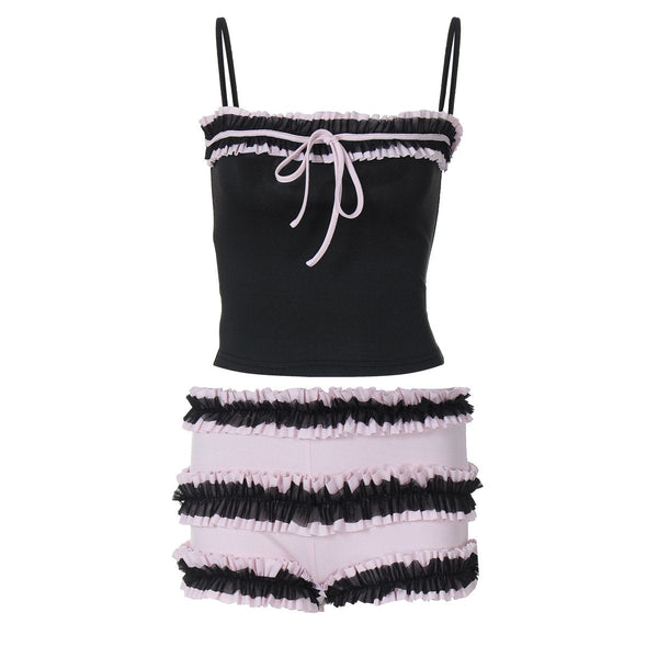 Ruffle ruched knotted stitch cami pant set