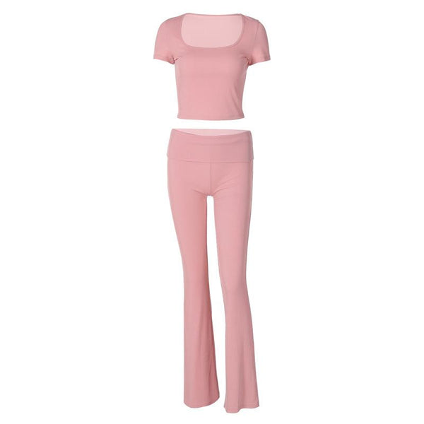 Short sleeve u neck ribbed solid pant set