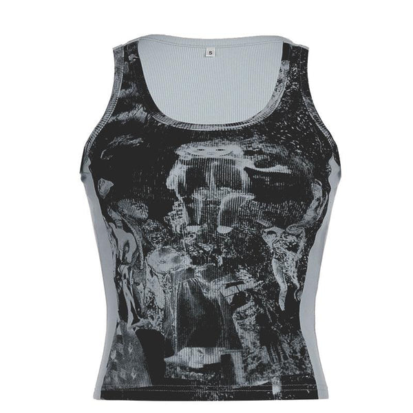 Ribbed print u neck contrast tank top