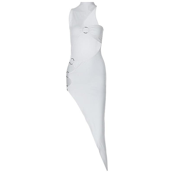 One shoulder high neck o ring irregular midi dress