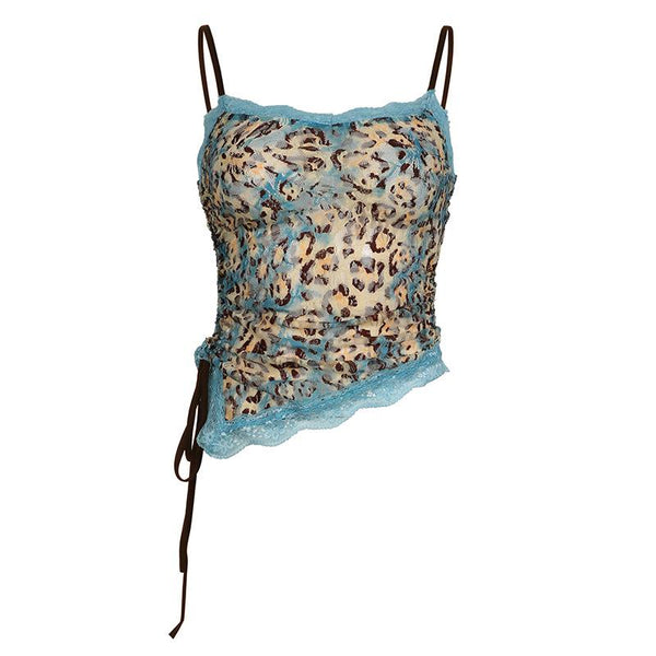 Lace leopard print irregular knotted cami top