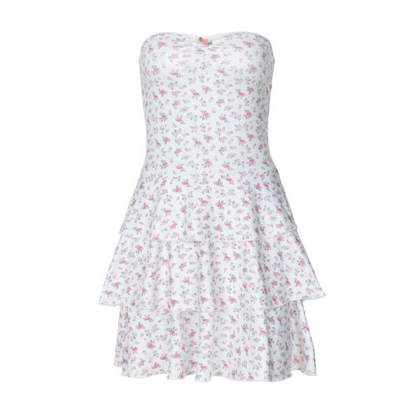 Print sweetheart neck rose applique ruched tube mini dress