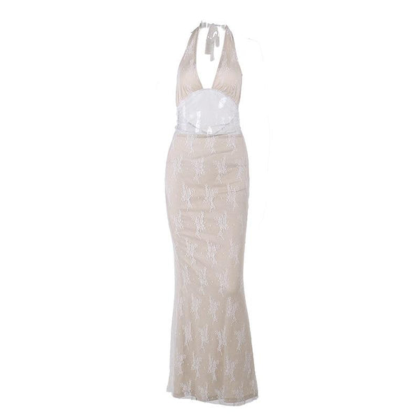 Robe longue dos nu en dentelle à col en V et licou 