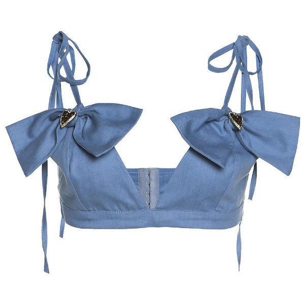 Top caraco boutonné en denim à col en V et nœud papillon 