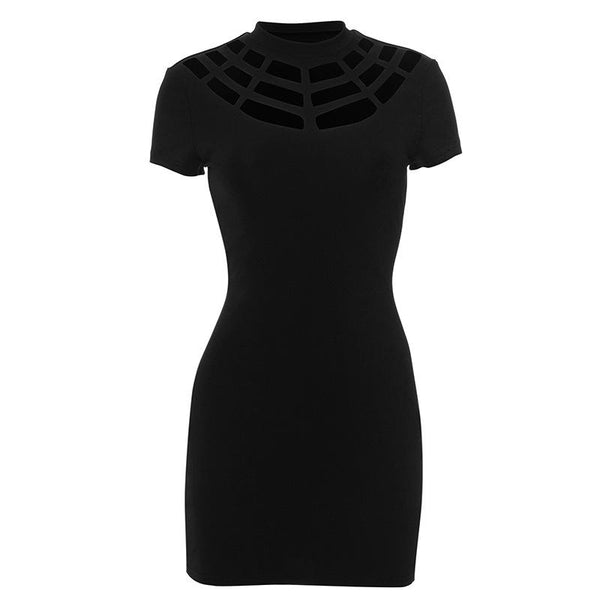 Spider web pattern short sleeve hollow out mini dress