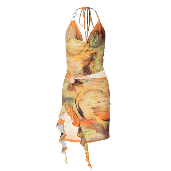 Halter print cowl neck o ring ruffle mini dress