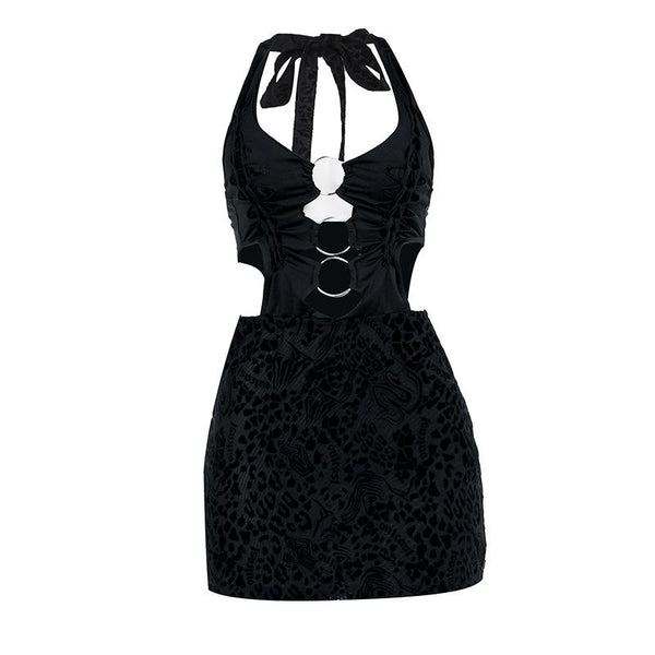 Halter leopard print o ring knotted mini dress