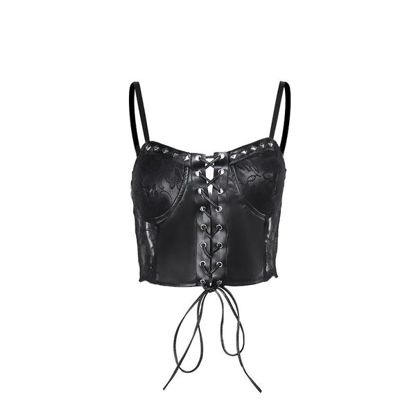 Haut caraco à lacets en cuir PU patchwork avec rivets en dentelle 