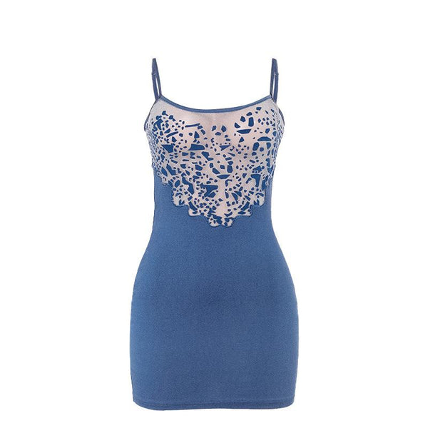 U neck denim mesh patchwork print cami mini dress