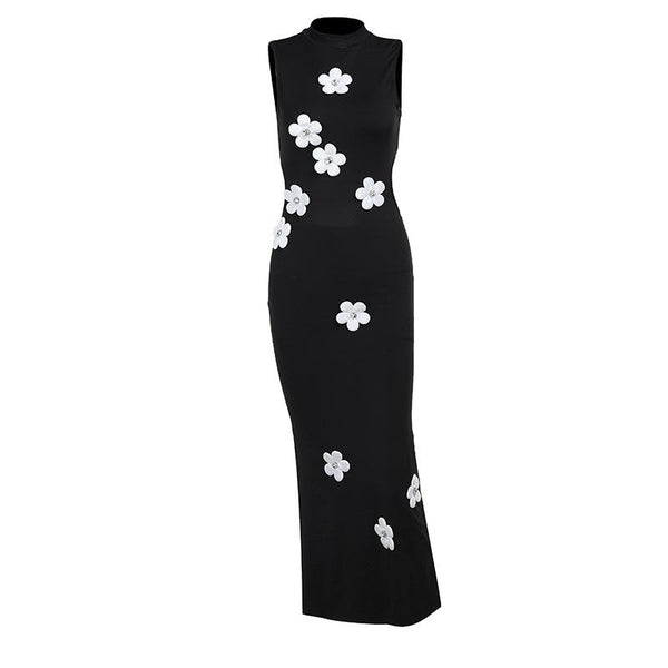 Robe midi sans manches à col ras du cou et dos nu avec appliques florales 