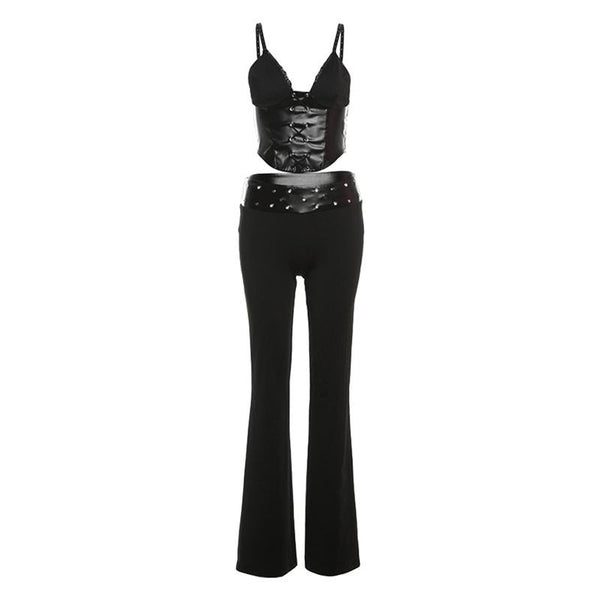 V neck PU leather lace up cami pant set