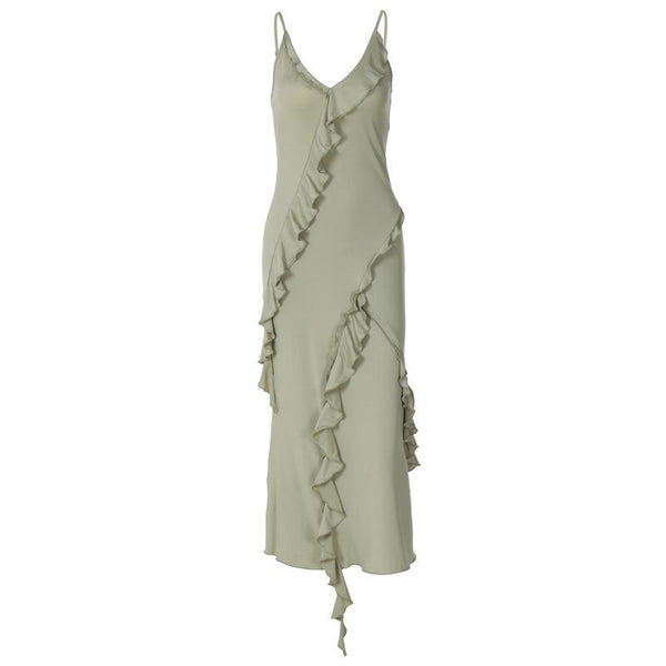 V neck ruffle backless irregular cami midi dress