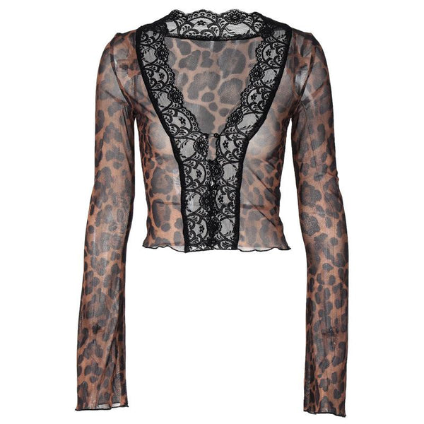 Long flared sleeve print lace hem button see through top