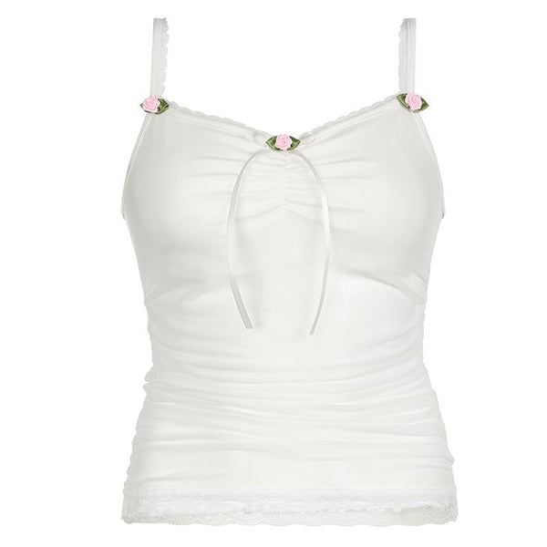 Top caraco froncé avec ruban et ourlet en dentelle appliqué à fleurs 