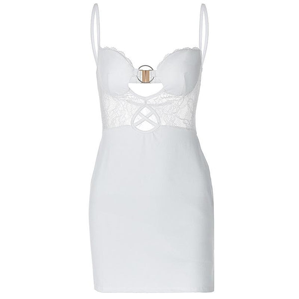 O ring lace ruched button backless cami mini dress