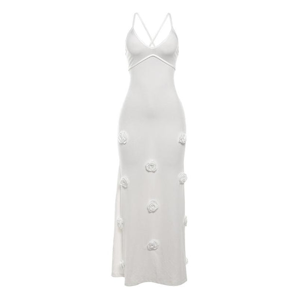 V neck flower applique cross back cami maxi dress  | red tango dress