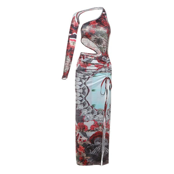 Irregular print contrast drawstring ruched high slit hollow out maxi dress  | red tango dress