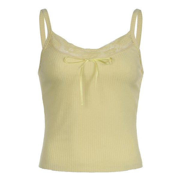 U neck lace hem bowknot ribbed cami top