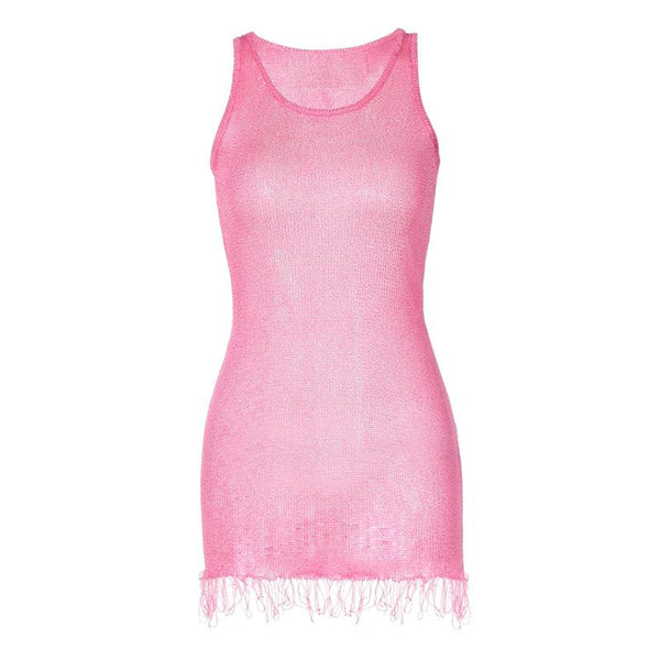 Sleeveless u neck tassels knitted mini dress  | red tango dress