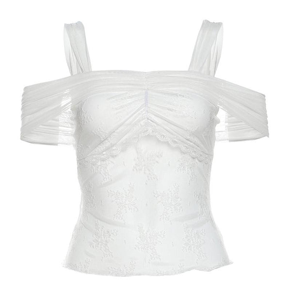 Short sleeve off shoulder lace mesh ruched 2-way top