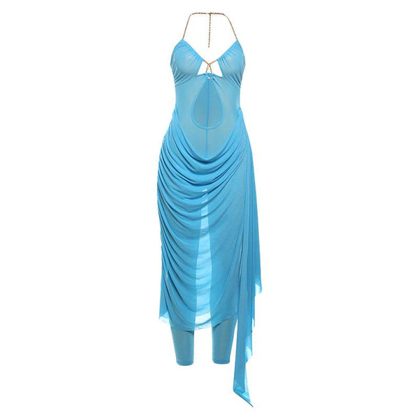 Metal chain halter ruched sheer mesh hollow out maxi dress  | samba dress