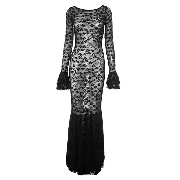 Robe longue froncée transparente en dentelle à manches longues évasées 