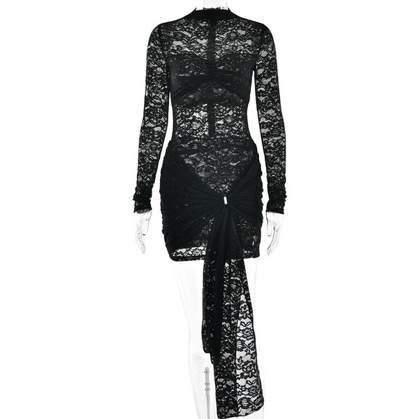 Robe mini froncée en dentelle à col ras du cou et manches longues 