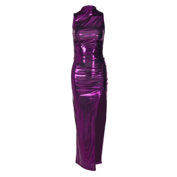 Sleeveless high neck metallic ruched high slit midi dress  | red tango dress