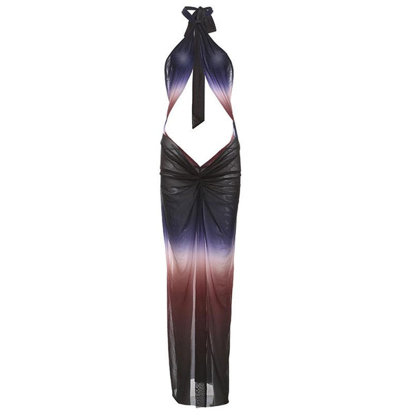 Ruched halter self tie cross front sheer mesh gradient maxi dress  | samba dress