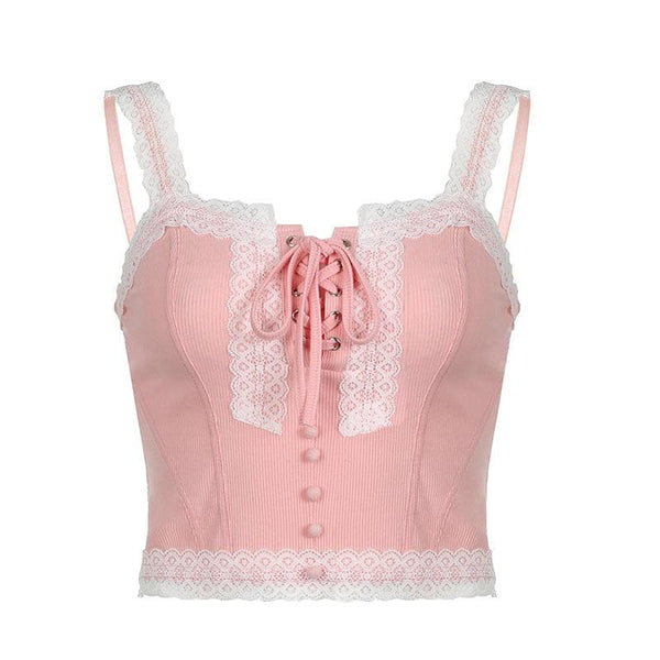 Haut camisole côtelé à ourlet en dentelle et à boutons 