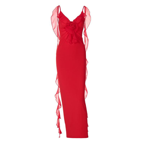 Flower applique ruffle ruched backless cami maxi dress  | red tango dress