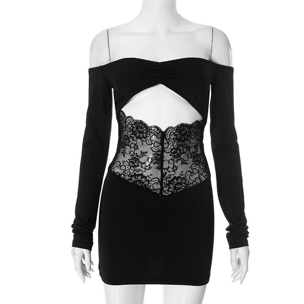 Mini-robe en dentelle ajourée à manches longues et épaules dénudées 