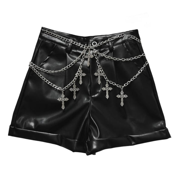 Pantalon court en cuir PU avec chaîne en métal 