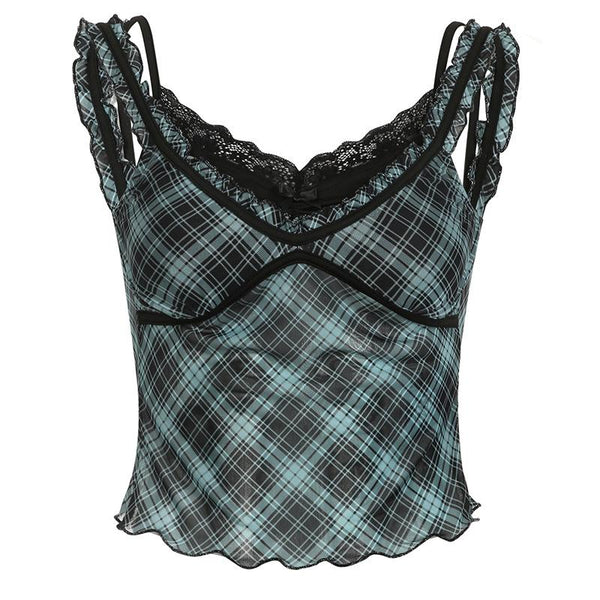 Plaid lace hem patchwork stitch mesh ruffle cami top