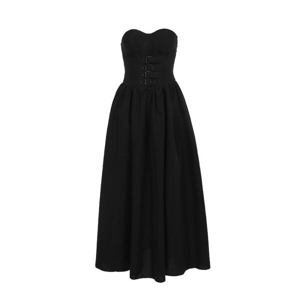 Buckle smocked sweetheart neck tube midi dress