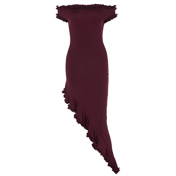 Short sleeve off shoulder ruffle irregular midi dress  | red tango dress