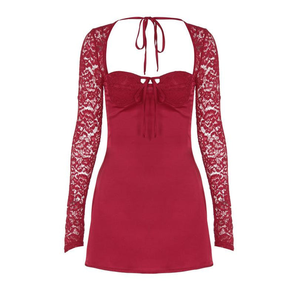 Long sleeve lace knotted ruched solid mini dress  | red tango dress