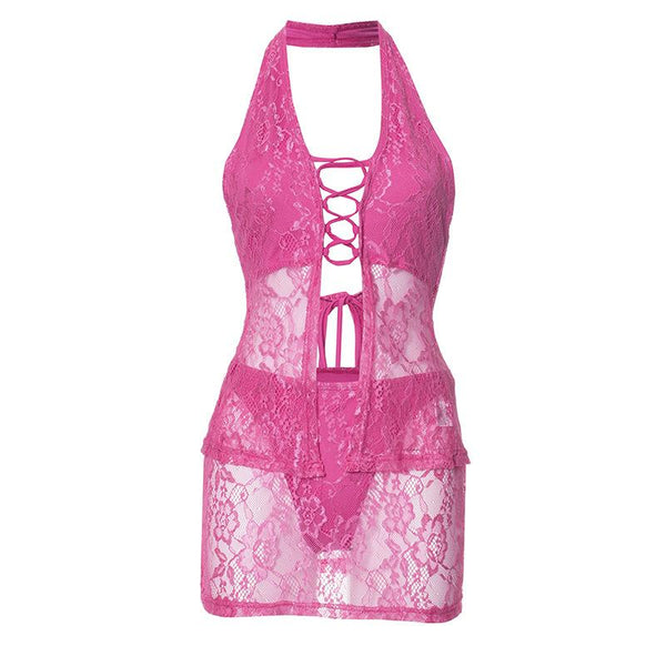 Halter lace knotted lace up mini skirt set