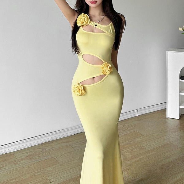 Hollow out rose applique solid cami maxi dress
