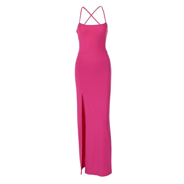 High slit ruched cross back solid cami maxi dress  | red tango dress  | black rave dress