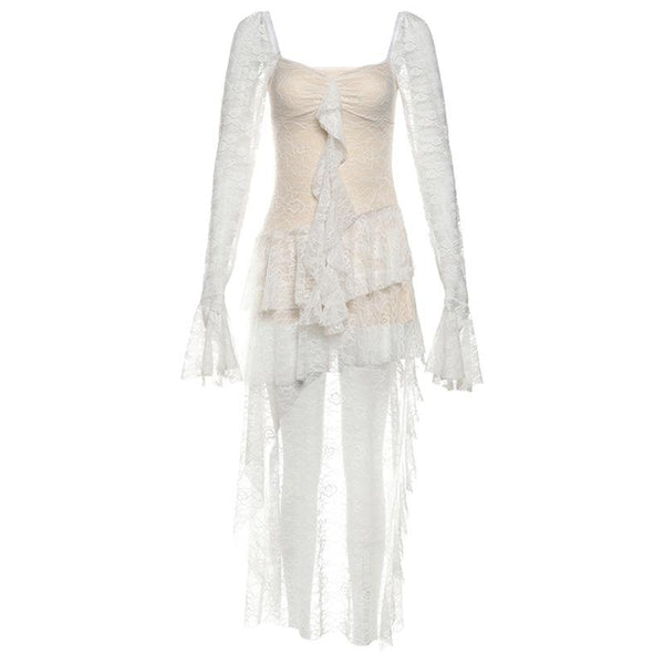 Long flared sleeve lace ruffle mini dress