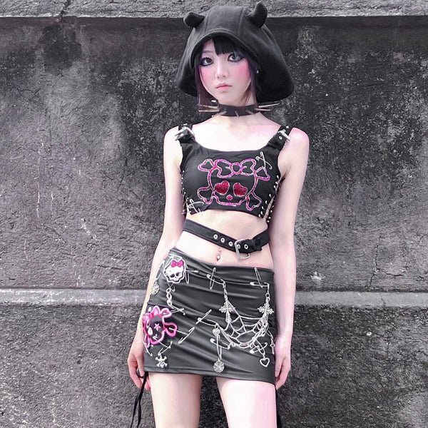 Skull pattern beaded drawstring buckle mini skirt set