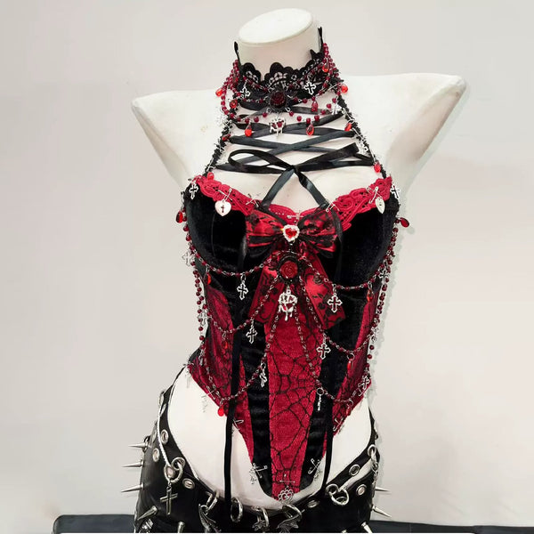 Haut licou en velours perlé avec motif toile d'araignée 