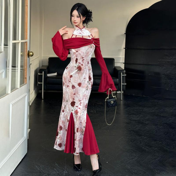 Robe longue ajourée en velours à manches longues évasées et imprimé floral 