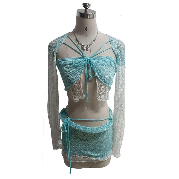 Ensemble 3 pièces mini-jupe ajourée à manches longues en tricot pailleté 