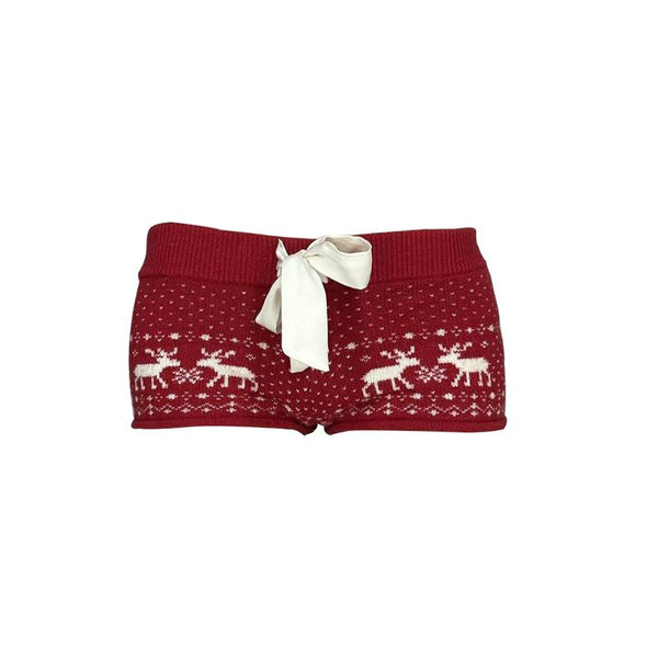 Pantalon court taille basse tricoté à motif renne avec lien à nouer 