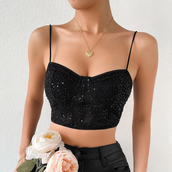Haut bustier à bretelles spaghetti et boutons pailletés 