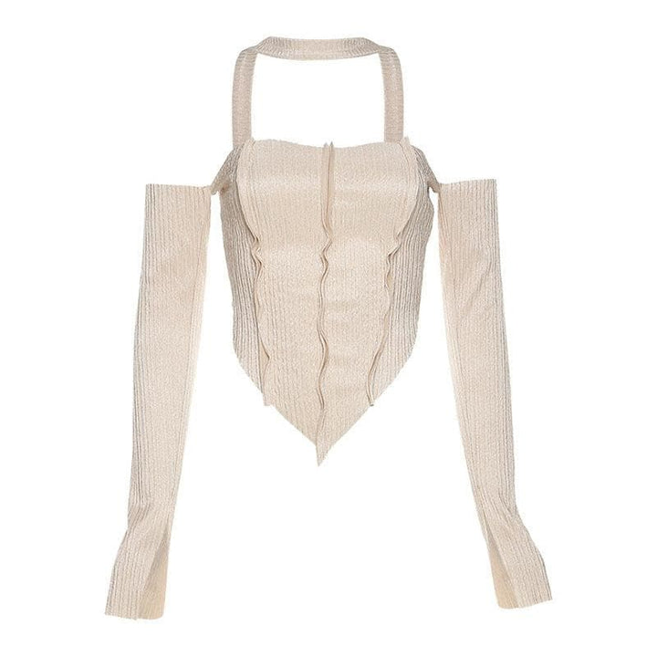 Long sleeve off shoulder patchwork top - Halibuy
