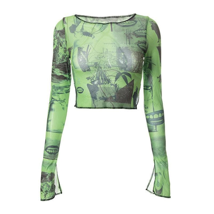 Print mesh see-through ruffled flared sleeve top - Halibuy